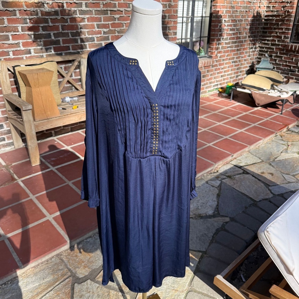 Ellos Womens 2X Navy Blue Pleated Studded V-Neck Roll Tab Sleeve Shift Dress